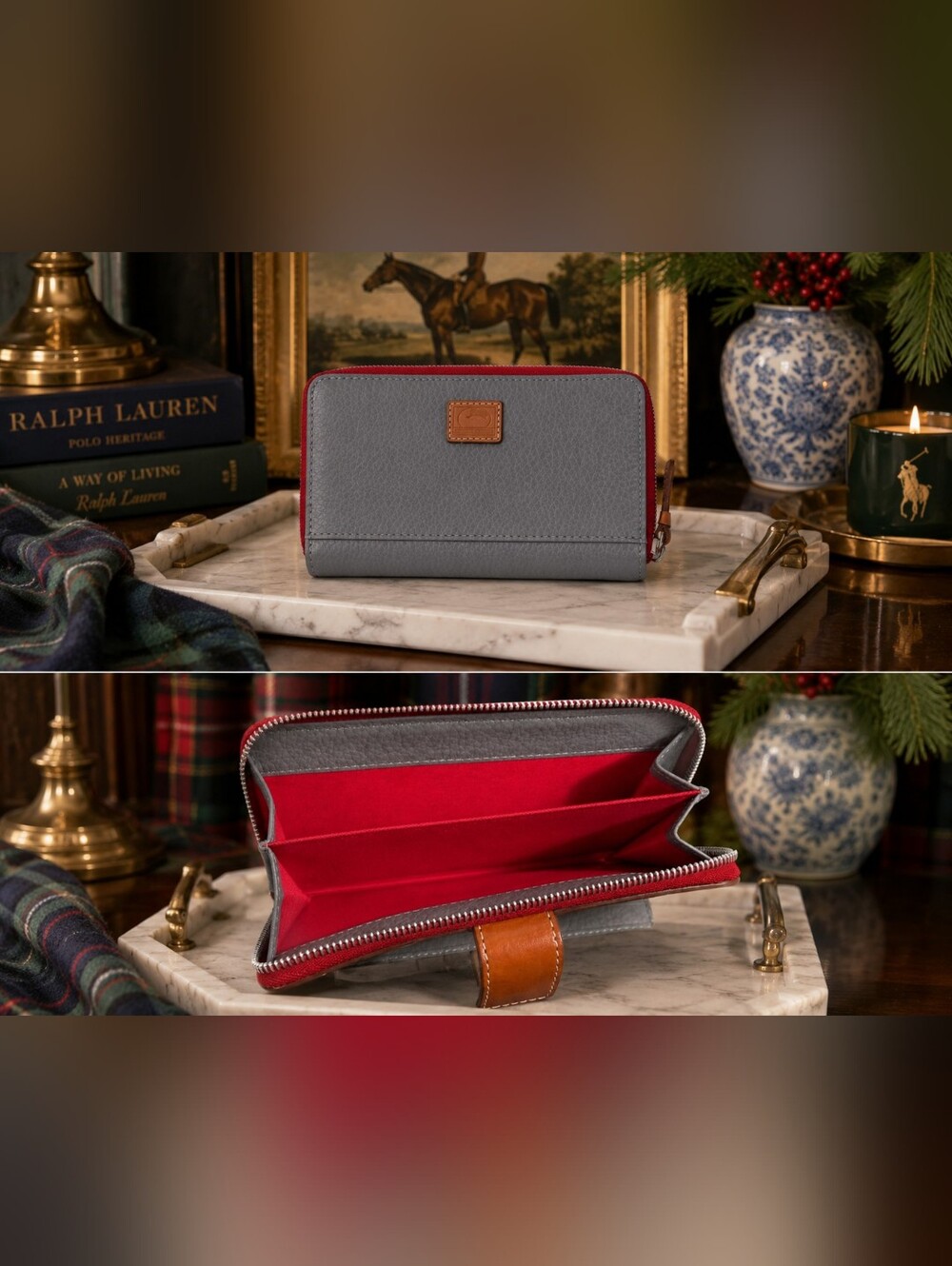Dooney & Bourke Pebble Grain Leather Folded Zip Wristlet Grey Red Cognac EUC - Picture 11 of 11